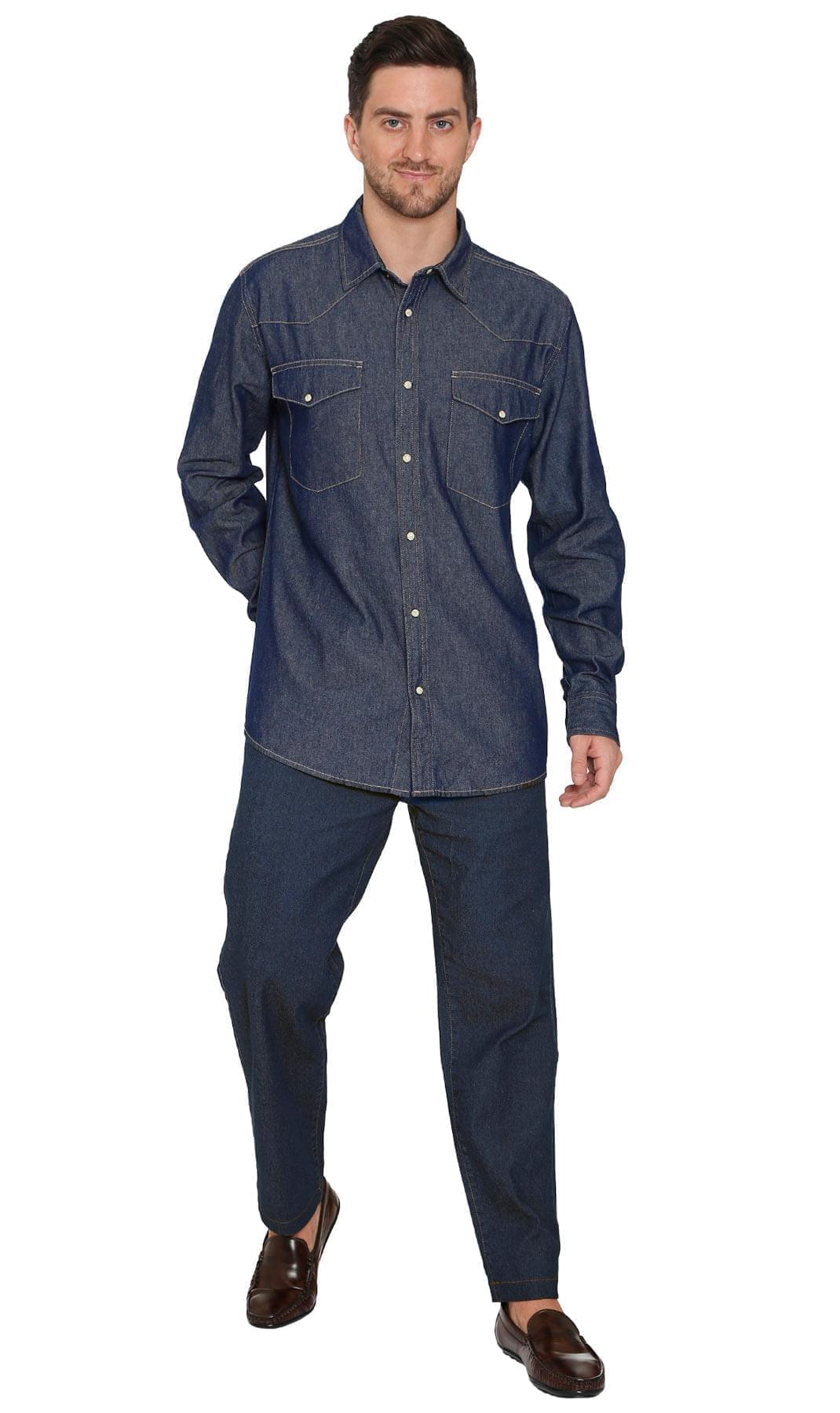 Mens Western Snap Front Button Shirt in Denim and Twill with a Stitched Yoke and Chest Pockets
