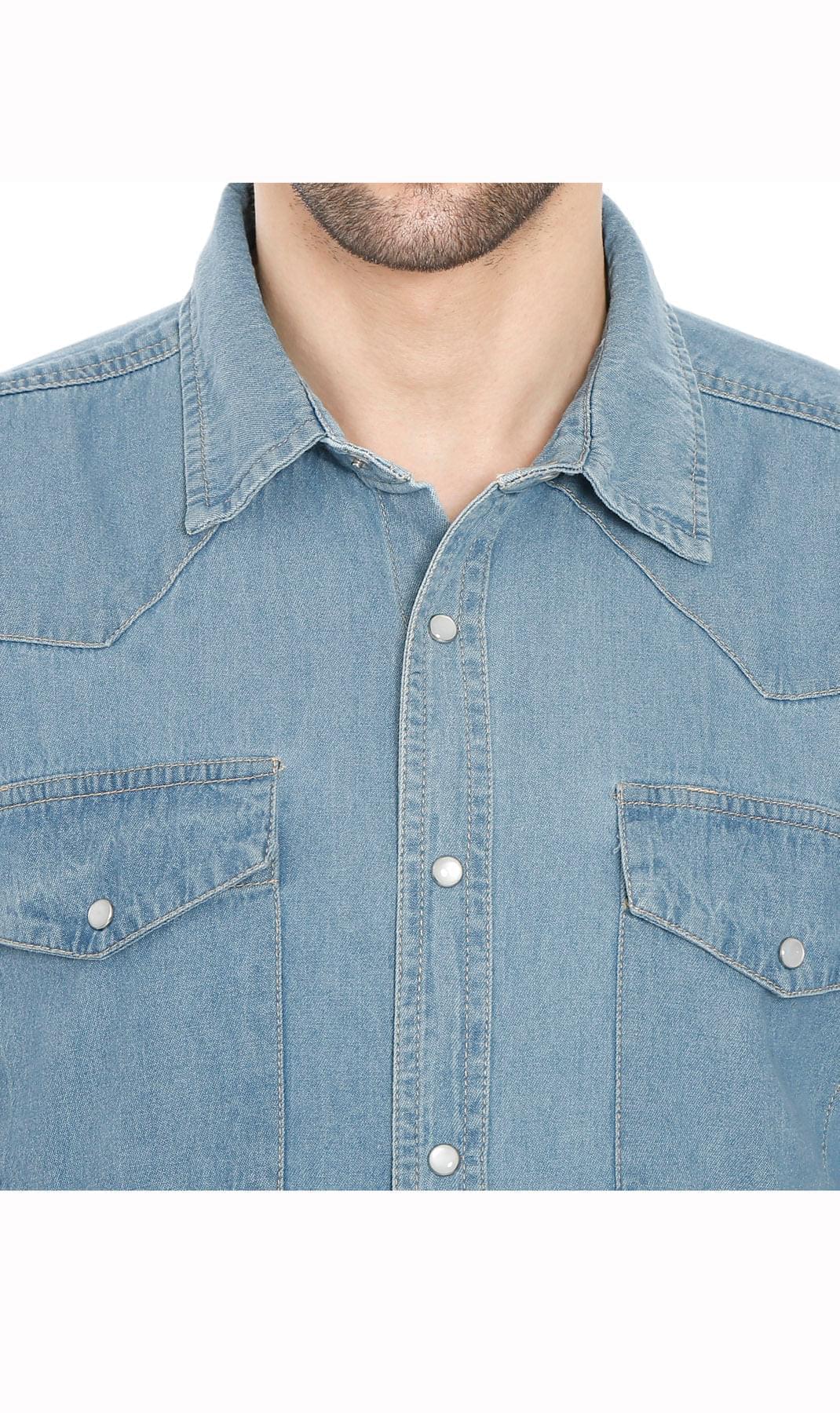 Mens Western Snap Front Button Shirt in Denim and Twill with a Stitched Yoke and Chest Pockets