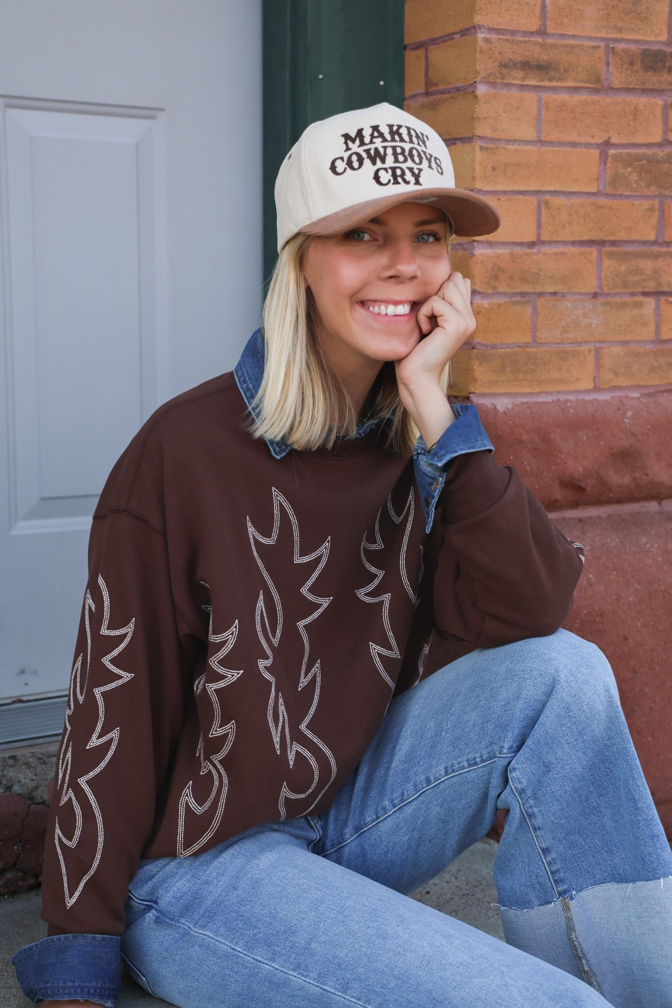Western Flame Boots Stitch Pullover Sweatshirt - Chocolate Medium available