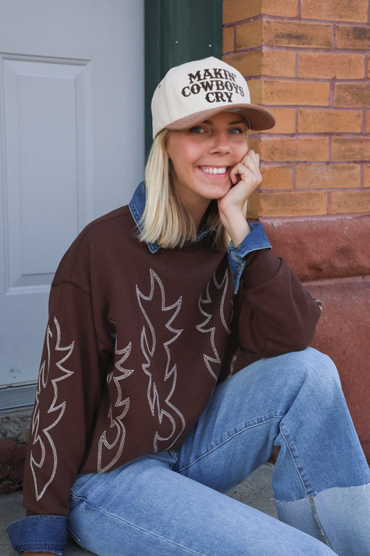 Western Flame Boots Stitch Pullover Sweatshirt - Chocolate Medium available