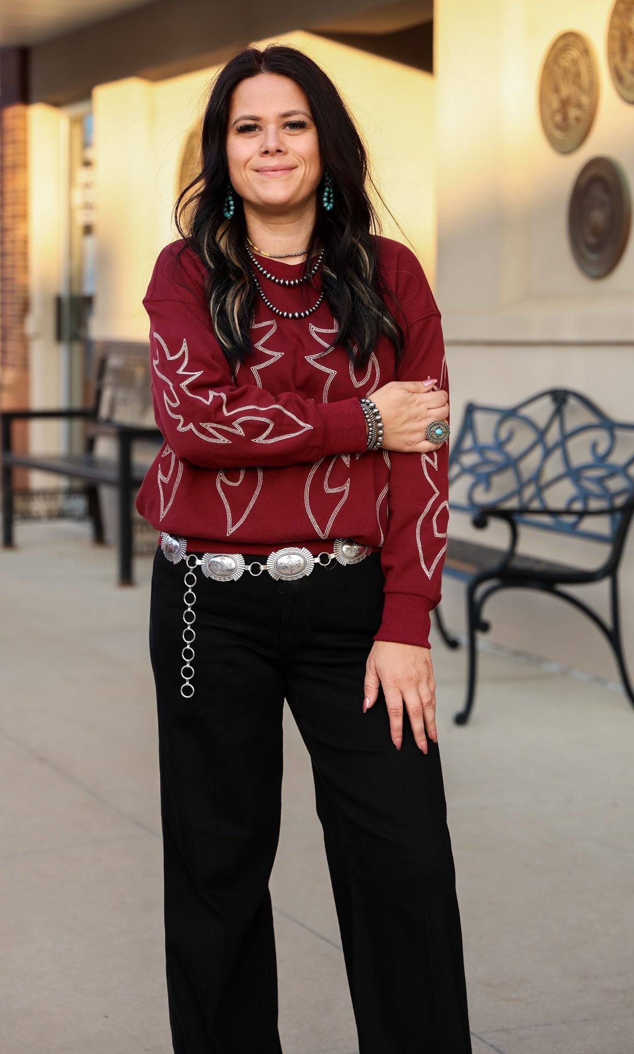 Western Flame Boots Stitch Pullover Sweatshirt - Chocolate Medium available