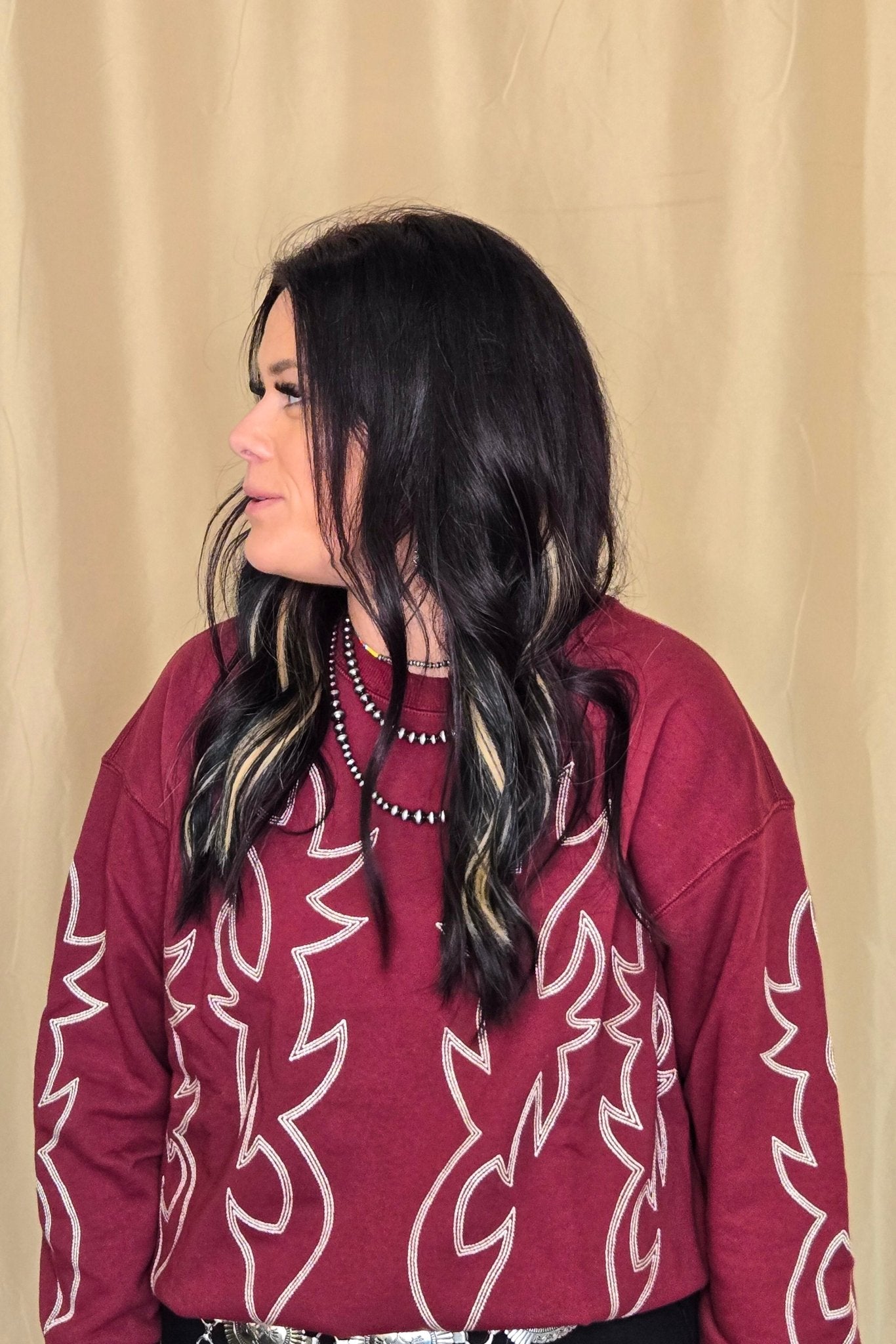 Western Flame Boots Stitch Pullover Sweatshirt - Chocolate Medium available