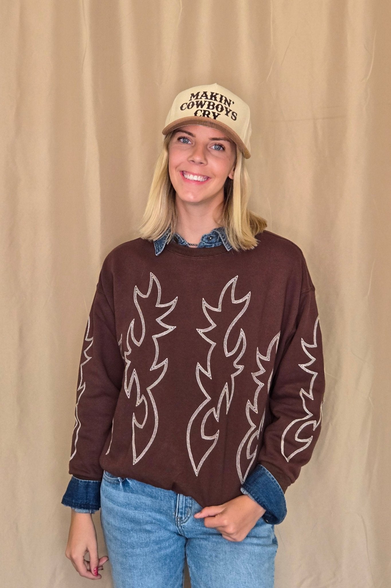 Western Flame Boots Stitch Pullover Sweatshirt - Chocolate Medium available