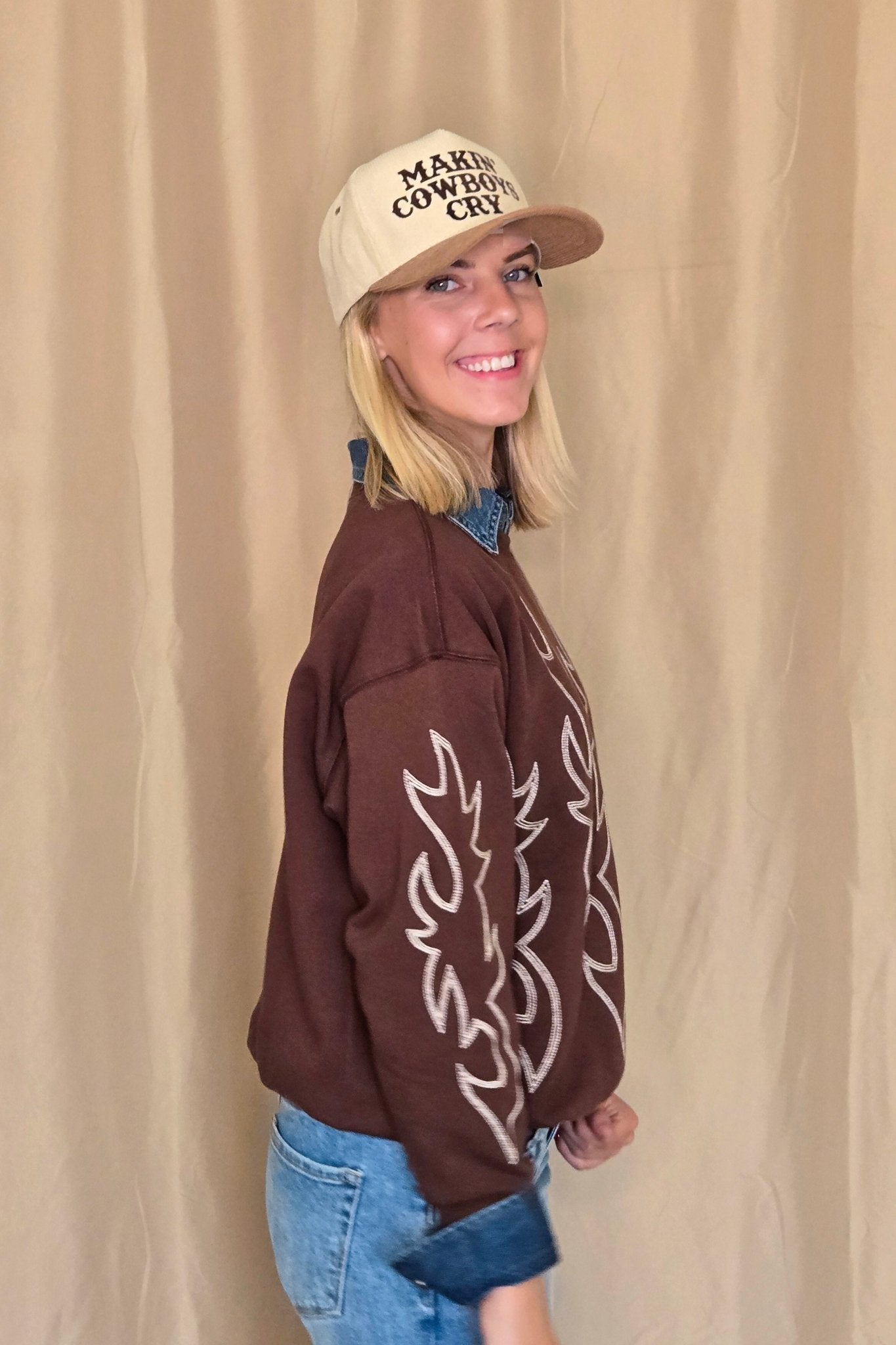 Western Flame Boots Stitch Pullover Sweatshirt - Chocolate Medium available