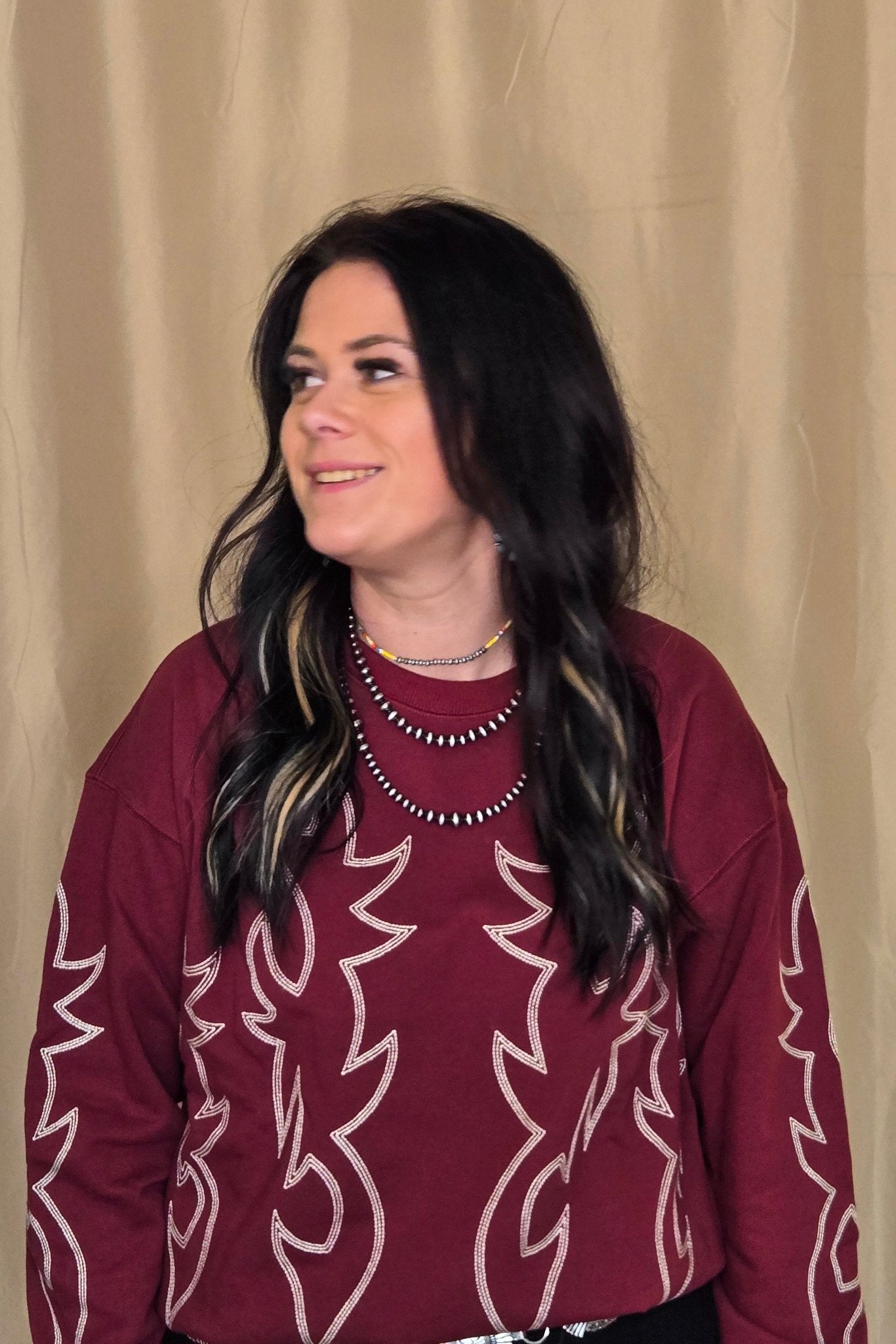 Western Flame Boots Stitch Pullover Sweatshirt - Chocolate Medium available