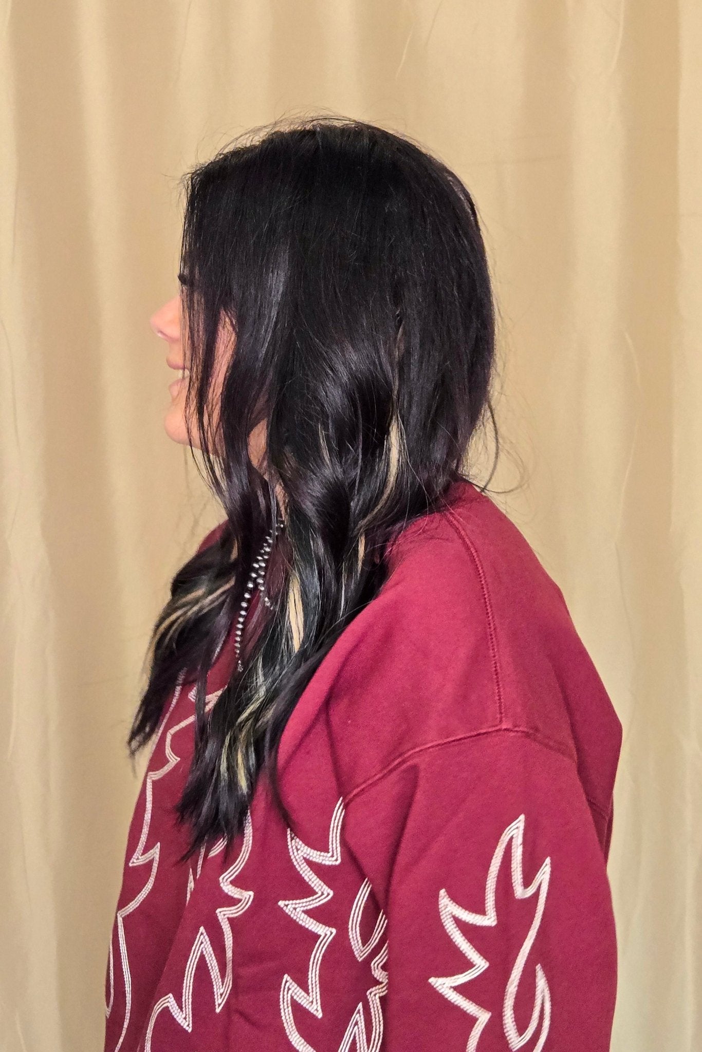 Western Flame Boots Stitch Pullover Sweatshirt - Chocolate Medium available