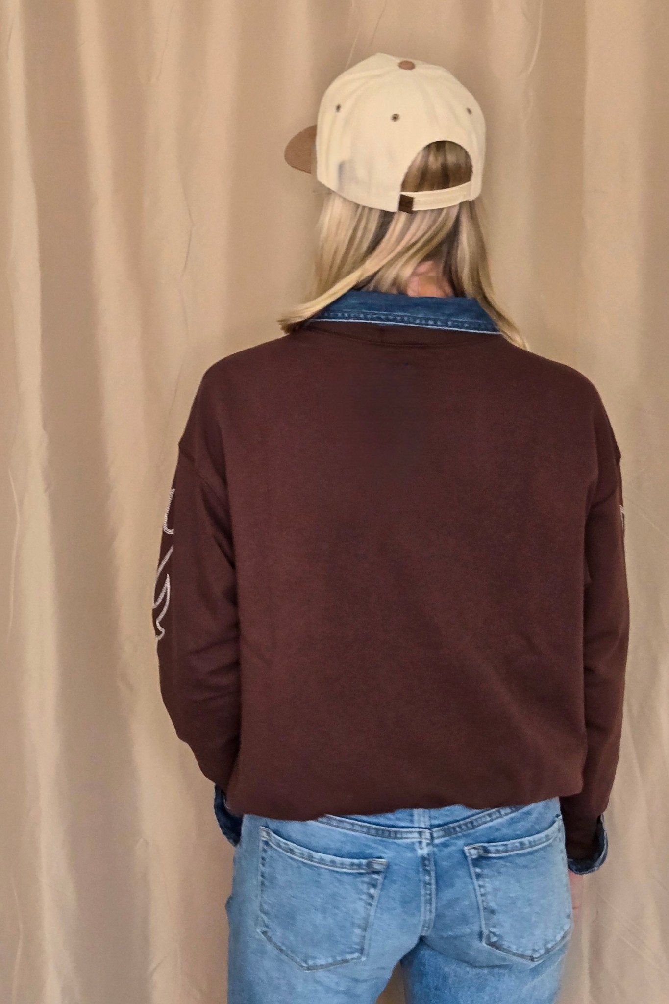 Western Flame Boots Stitch Pullover Sweatshirt - Chocolate Medium available