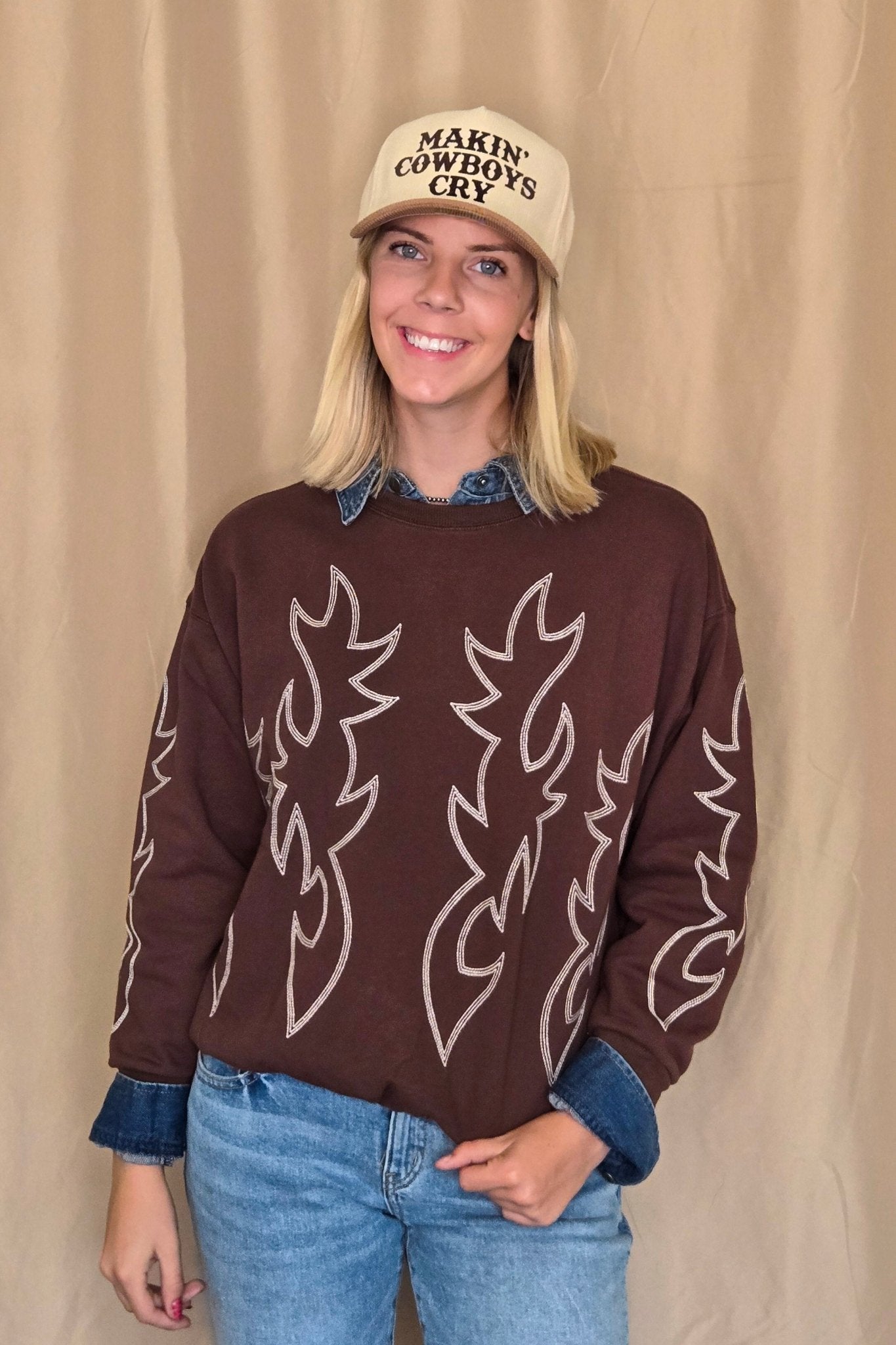 Western Flame Boots Stitch Pullover Sweatshirt - Chocolate Medium available